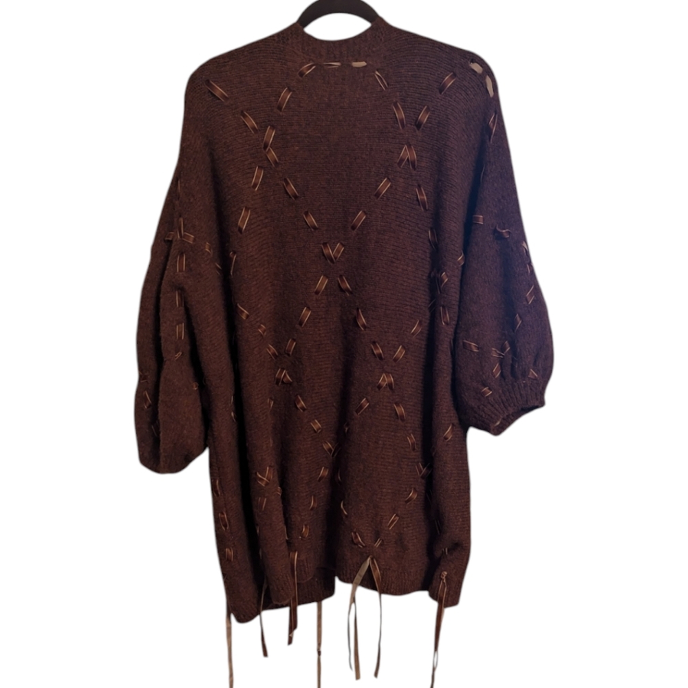 NWT Style Rack Chestnut Wool Blend Ribbon Accents Cardigan Sweater Women's L* - Picture 6 of 9